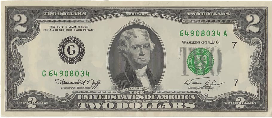 2 US dollar banknote, currency, cash, finance, bill, green, white