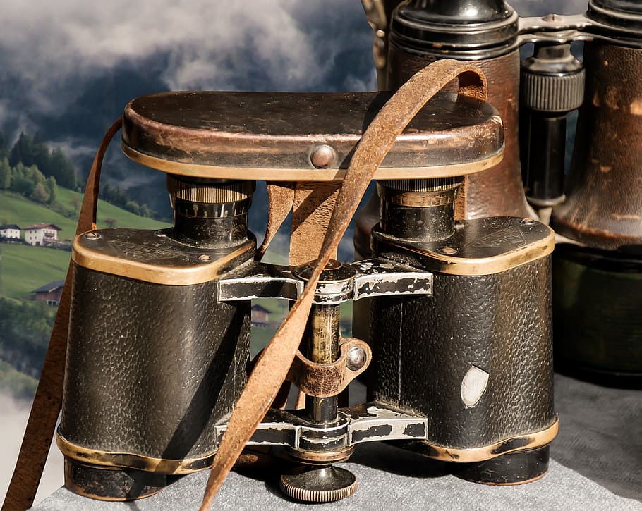 two black-and-brown binoculars, mountains, view, clouds, old HD wallpaper