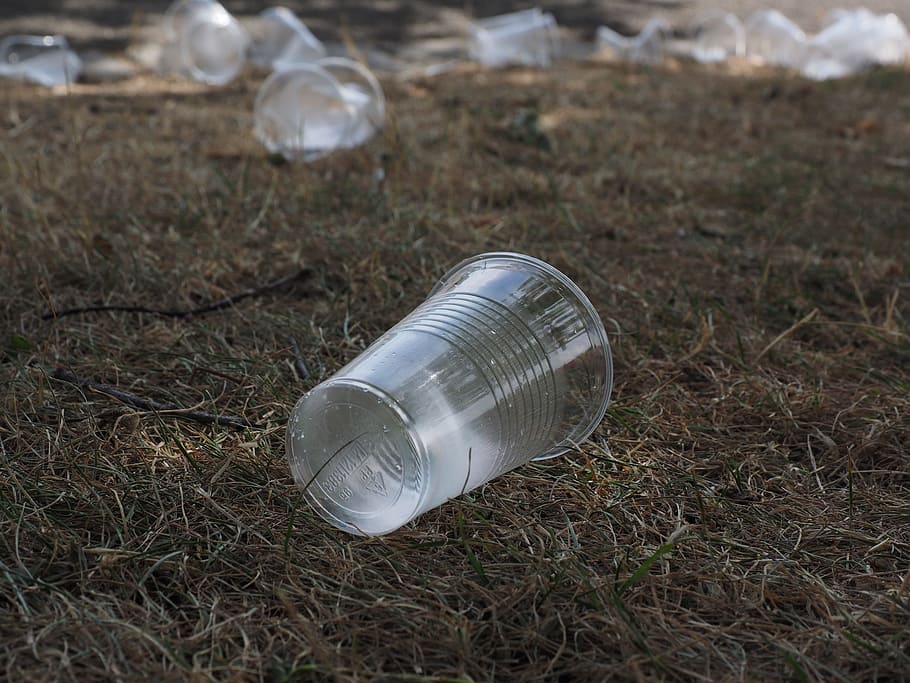 close-up photography of clear plastic cup on green grass, Beverage