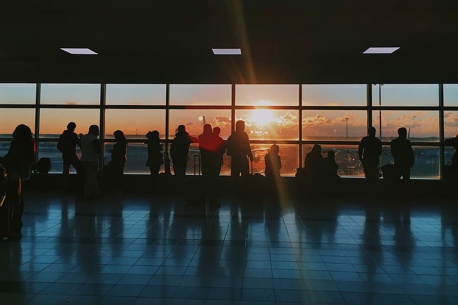 silhouette of people inside airport, silhouette of people, night HD wallpaper