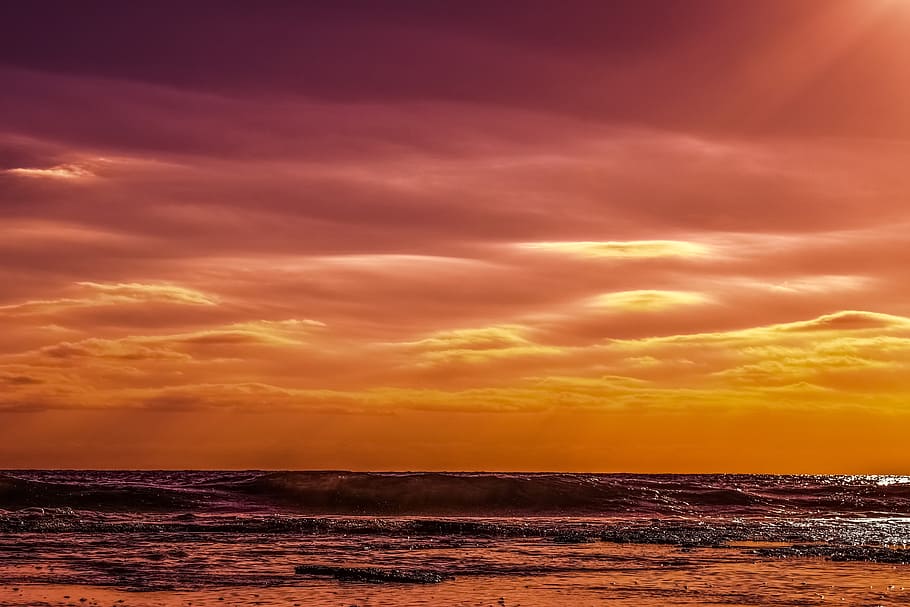 sunset, dusk, sea, clouds, sky, sunset colors, nature, evening HD wallpaper