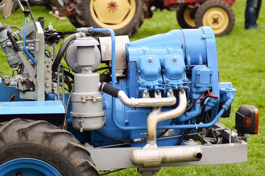 blue and gray machine on grass, motor, tug, four-cylinder, commercial vehicle