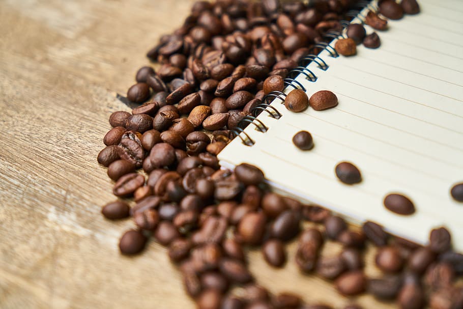 notebook, coffee, course, the work, espresso, coffee bean, kernels HD wallpaper