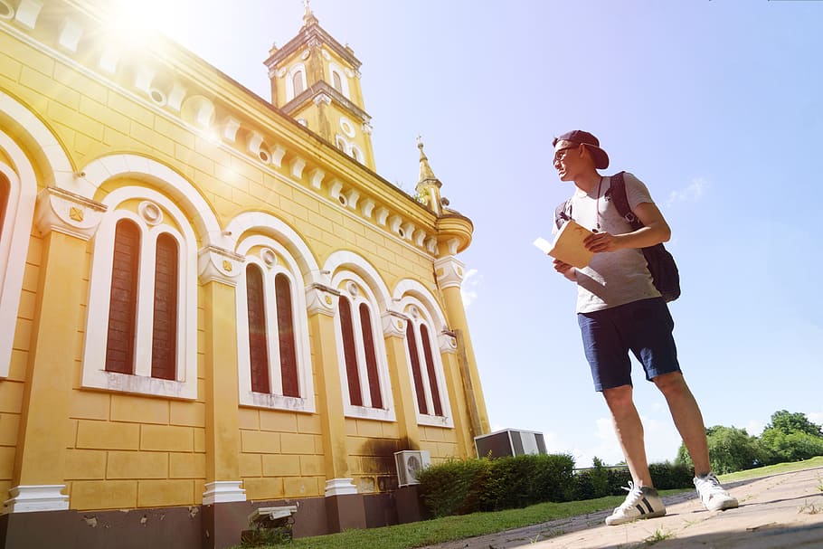 man, person, sunglasses, cup, activity, adult, architecture, backpack HD wallpaper