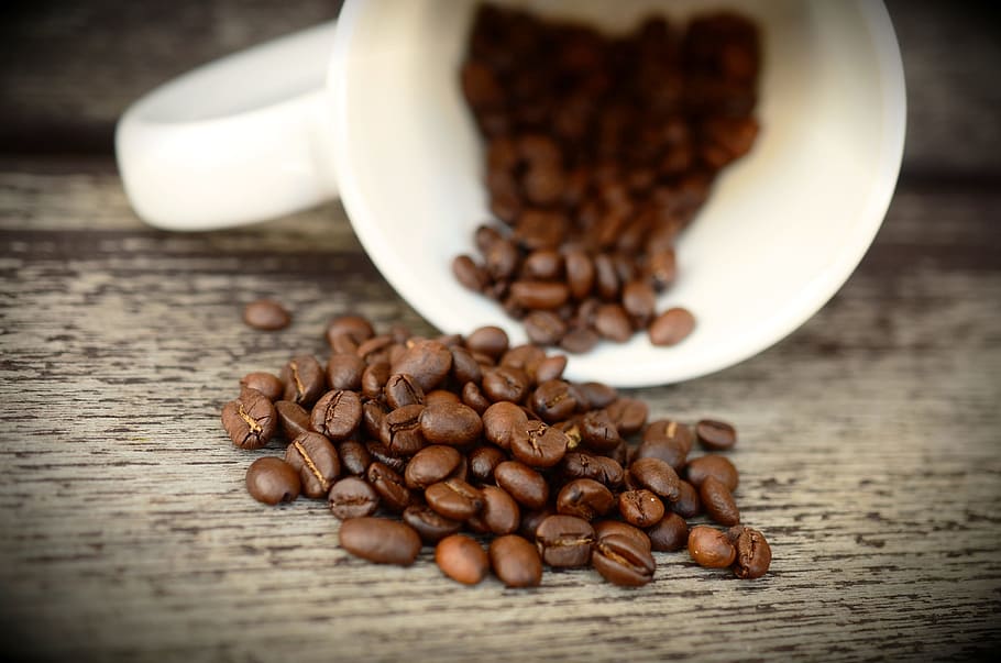 white ceramic teacup pouring coffee beans, roasted, brown, aroma HD wallpaper