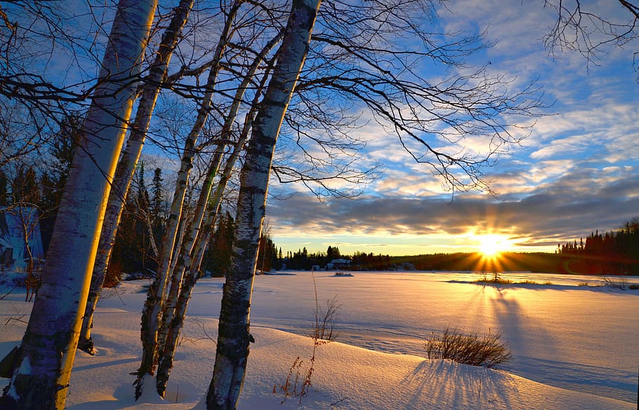 time lapse photography of sun, winter landscape, sunset, twilight HD wallpaper