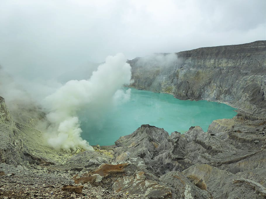 Volcano lake during day time, ijen, sulphur, indonesia, java, HD wallpaper