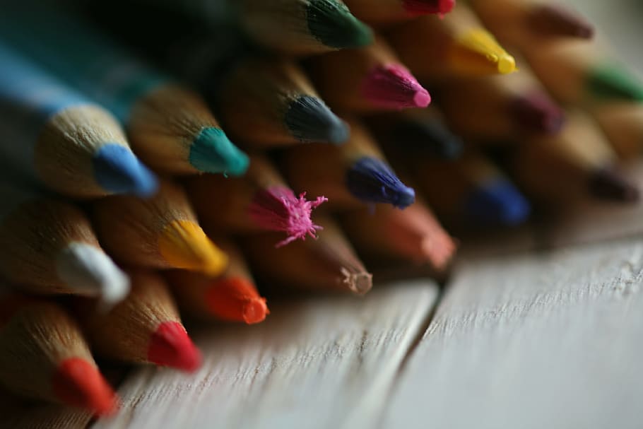 Closeup shot of colour art pencils, various, designer, education