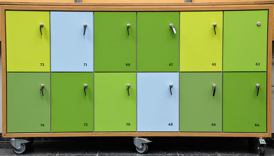 green, brown, and blue wooden locker cabinet, closing compartments HD wallpaper