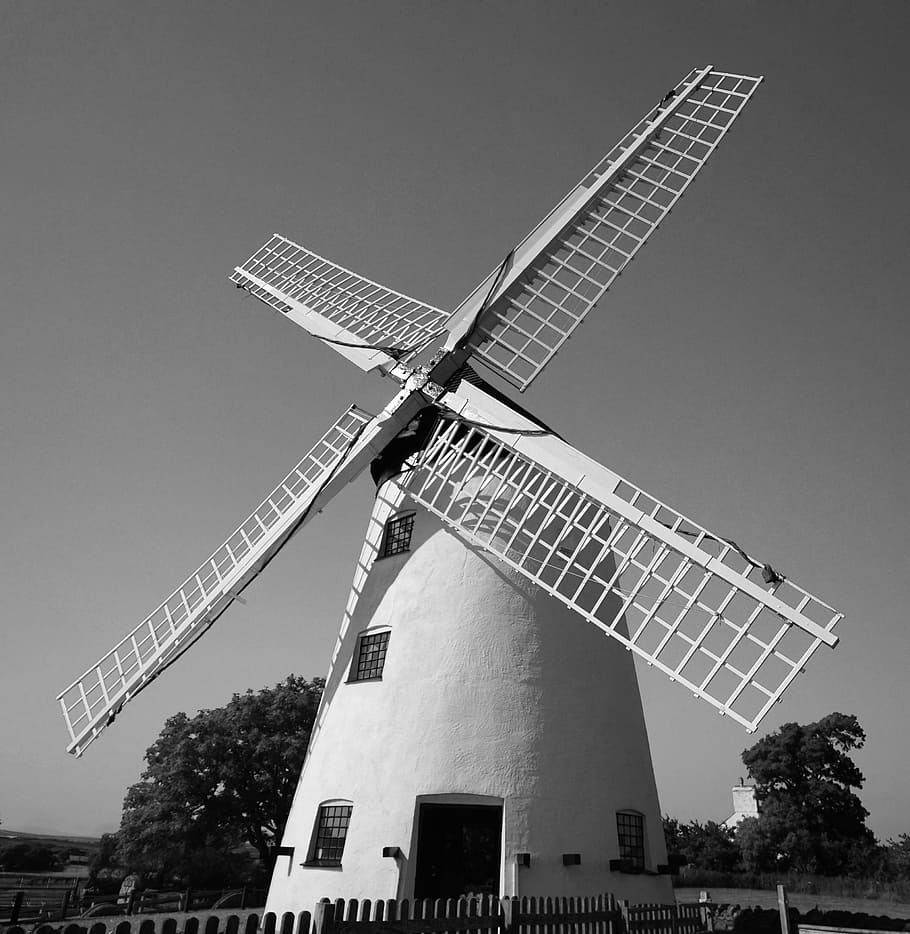 Windmill, Black And White, ecology, travel, landscape, wales HD wallpaper