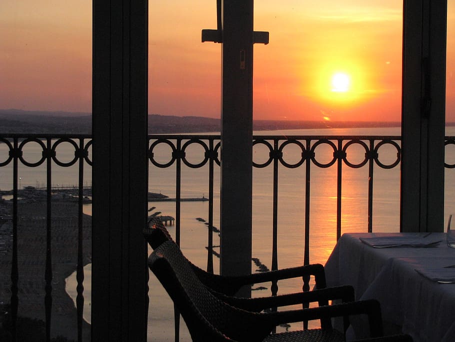 sunset, sea, italy, sky, orange color, water, nature, railing HD wallpaper