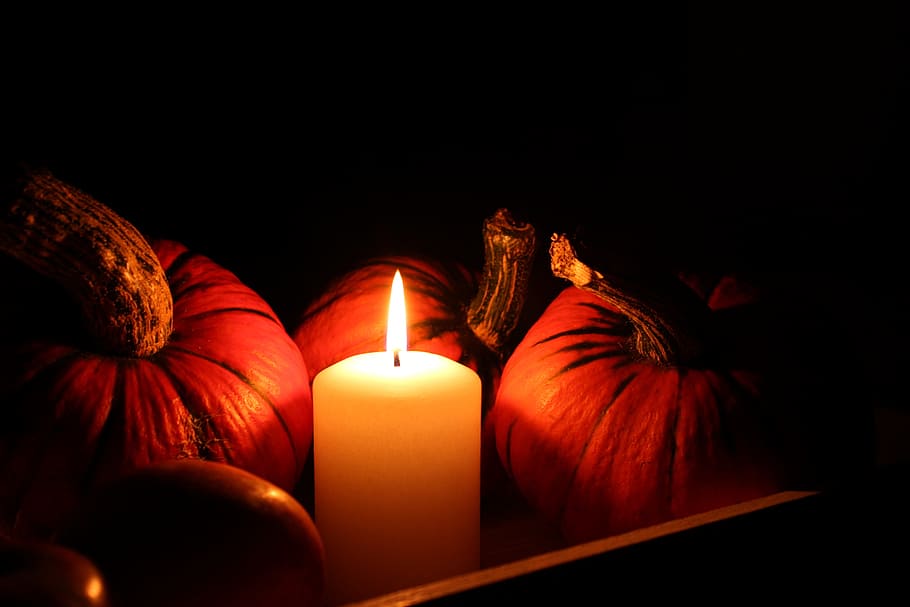 lighted pillar candle beside pumpkins, still life, halloween