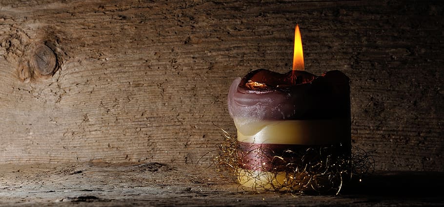 closed-up photography of brown candle, wood, light, flame, food and drink HD wallpaper