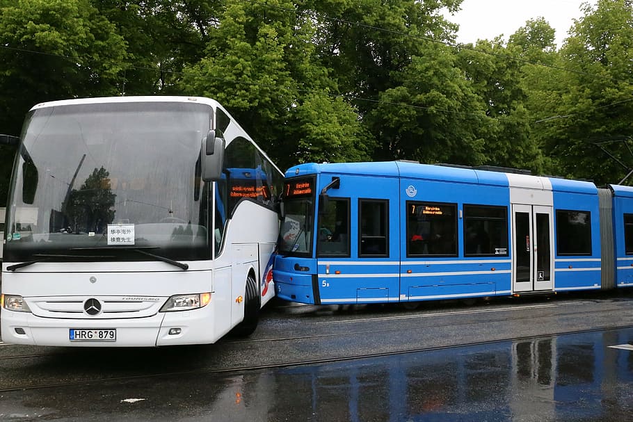 bus, tram, road, crash, transportation, mode of transportation HD wallpaper
