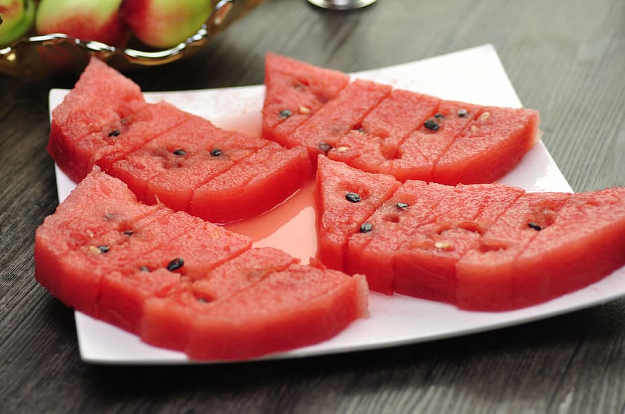 watermelon, fruit, dim sum, food and drink, plate, freshness HD wallpaper
