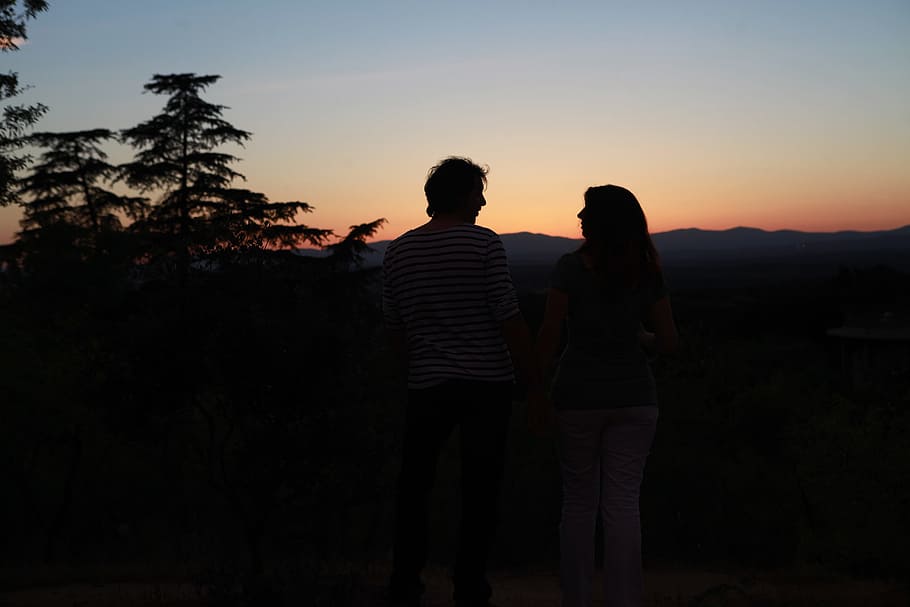 Backlight, Sunset, Couple, silhouette, rear view, two people HD wallpaper