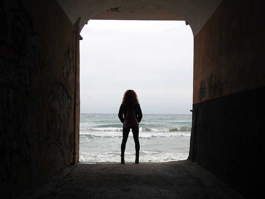 sea, silhouette, rear view, water, one person, full length HD wallpaper