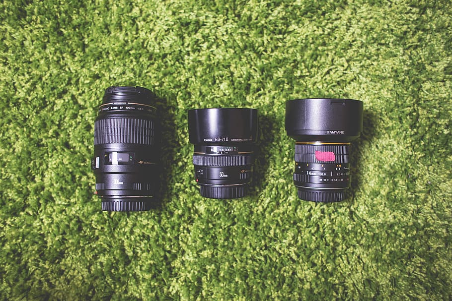 Photography Camera DSLR Lenses on Green Carpet, 100mm, 18mm, 50mm HD wallpaper