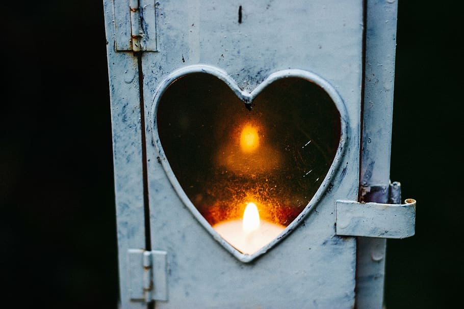 tealight candle on heart-shaped enclosure, design, lock, fire HD wallpaper