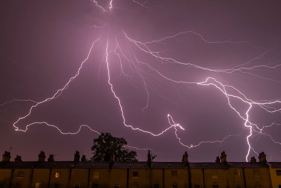 low angle photography of lightning above building, struck, nature, HD wallpaper