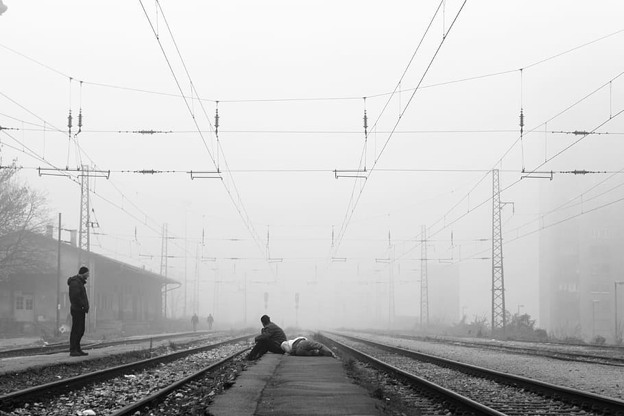 people near train tracks, waiting, road, rail, drunk, black, white, HD wallpaper