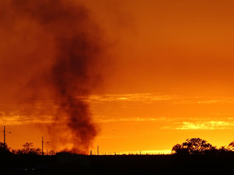 sunset, fire, smoke, horizon, silhouette, environment, orange color HD wallpaper