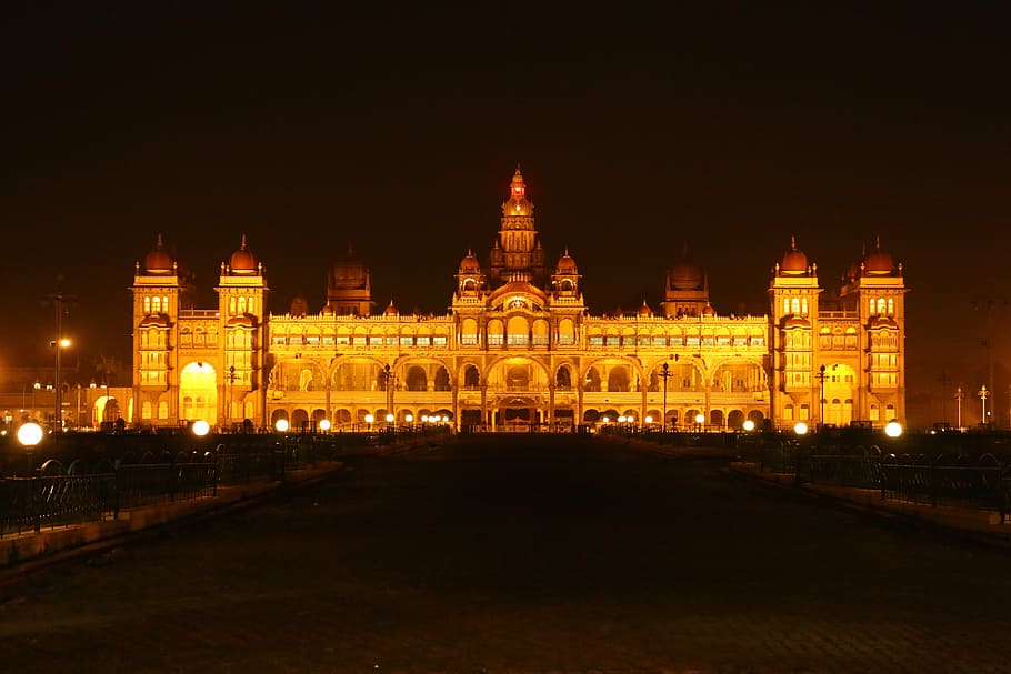 brown palace during night, mysore palace at monstre, karnataka