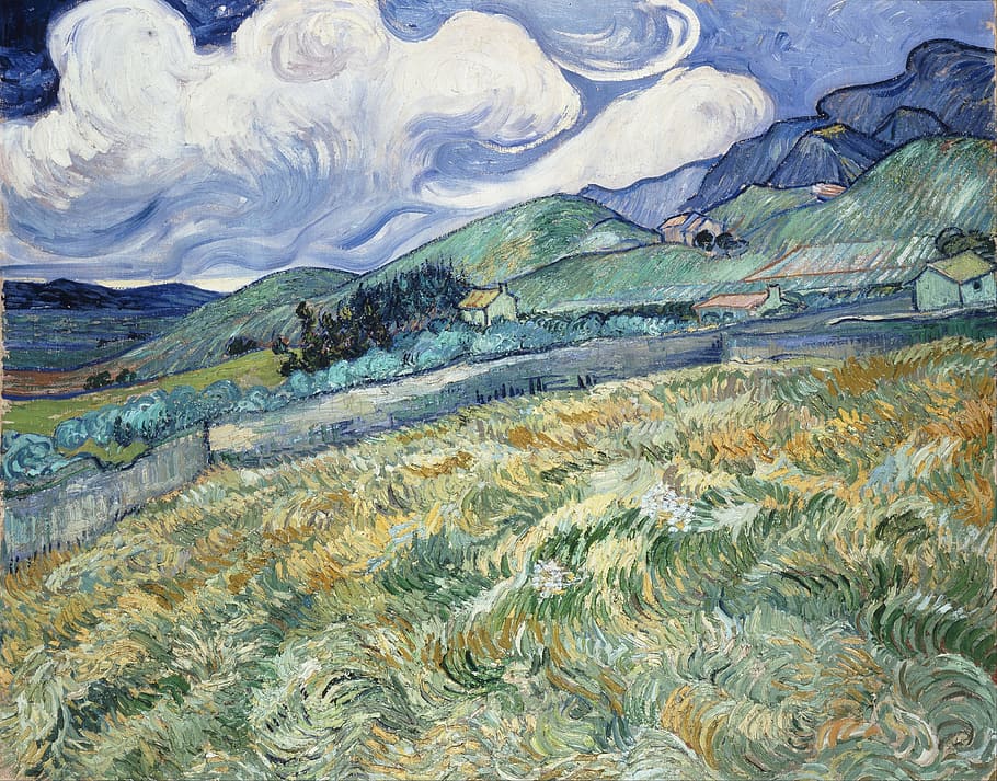 green grass field near houses and mountain painting, vincent van gogh HD wallpaper