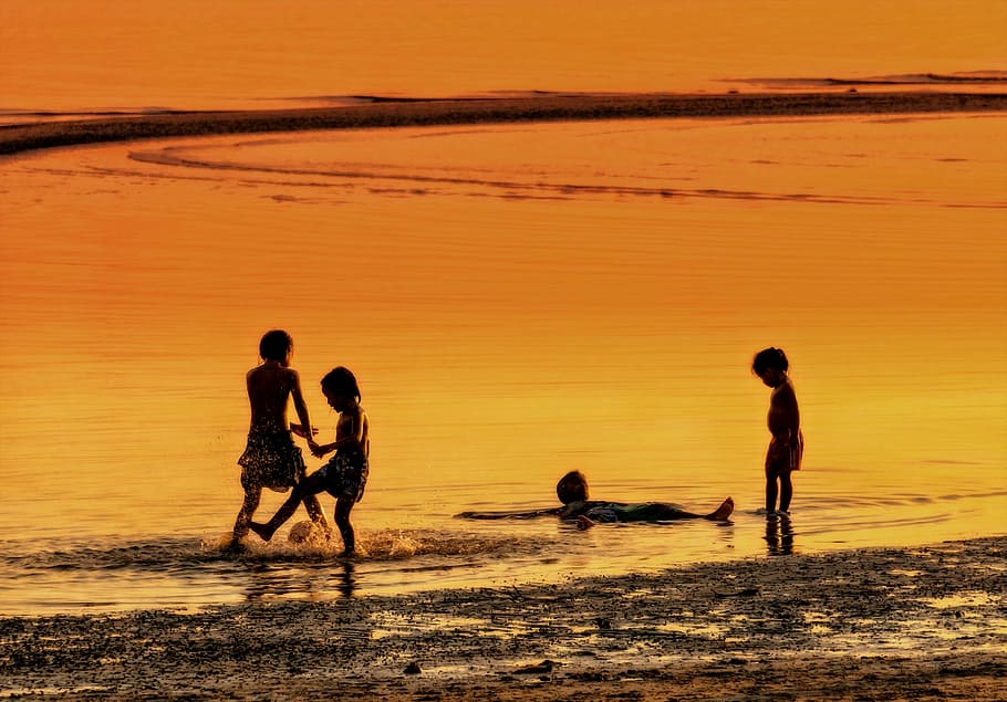 silhouette of four children on seashore during golden hour HD wallpaper