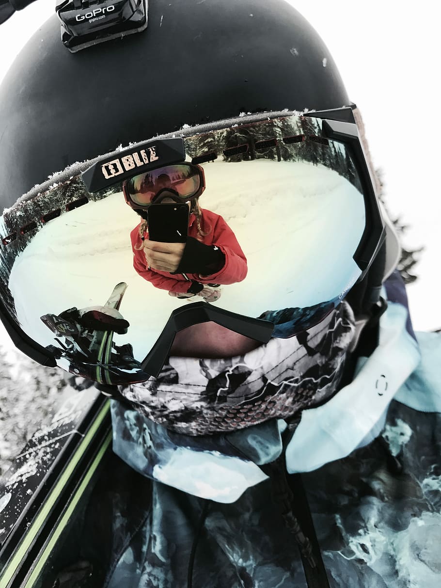 person wearing black snow goggles, man wearing black Bliz helmet, HD wallpaper
