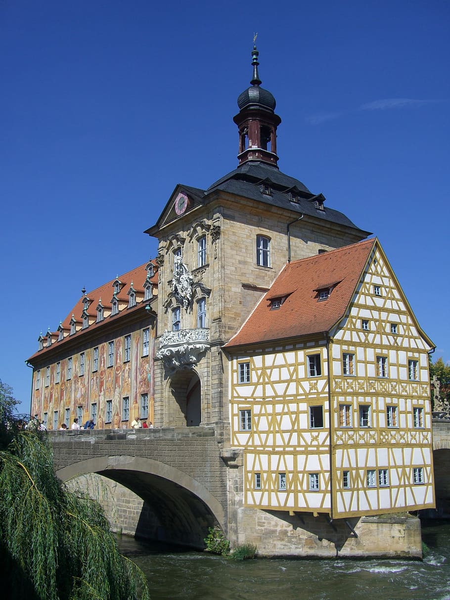 Bamberg, Town Hall, Old, Building, fachwerkhaus, bridge, regnitz, HD wallpaper