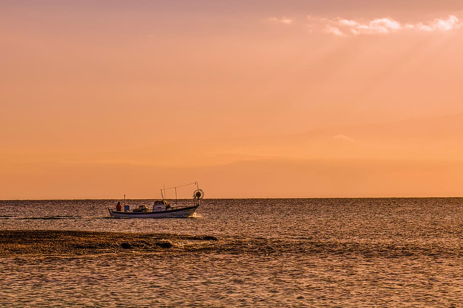 sunset, boat, sea, sky, nature, horizon, scenic, cyprus, nautical Vessel HD wallpaper
