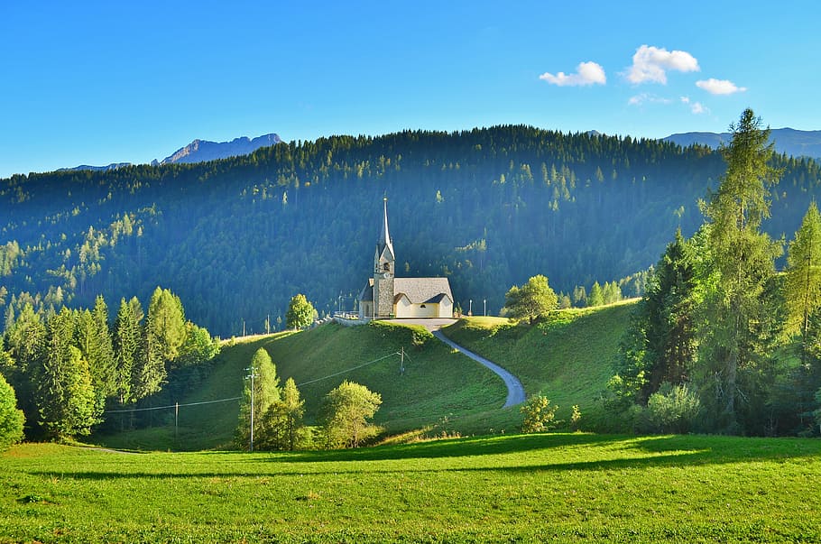 white concrete church on top of hills surrounded by trees at daytime