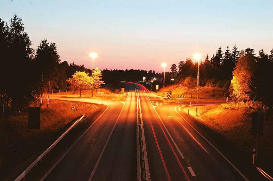 road, highway, lights, transportation, tree, sunset, plant HD wallpaper