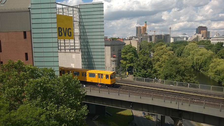 berlin, metro, bvg, bridge, yellow, above ground, capital, train, HD wallpaper