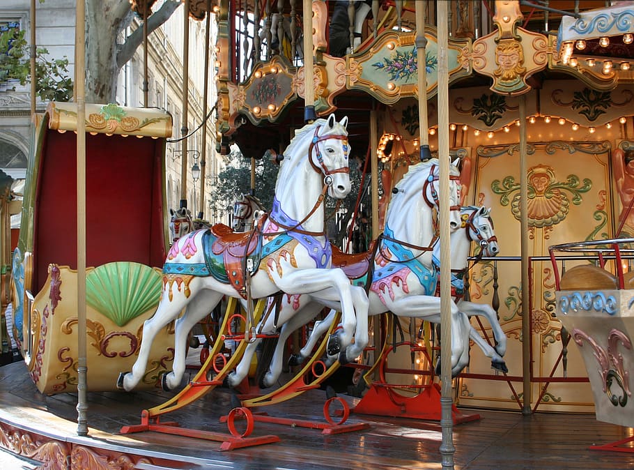 carousel, theme, avignon, fun, colors, horses, amusement, representation HD wallpaper