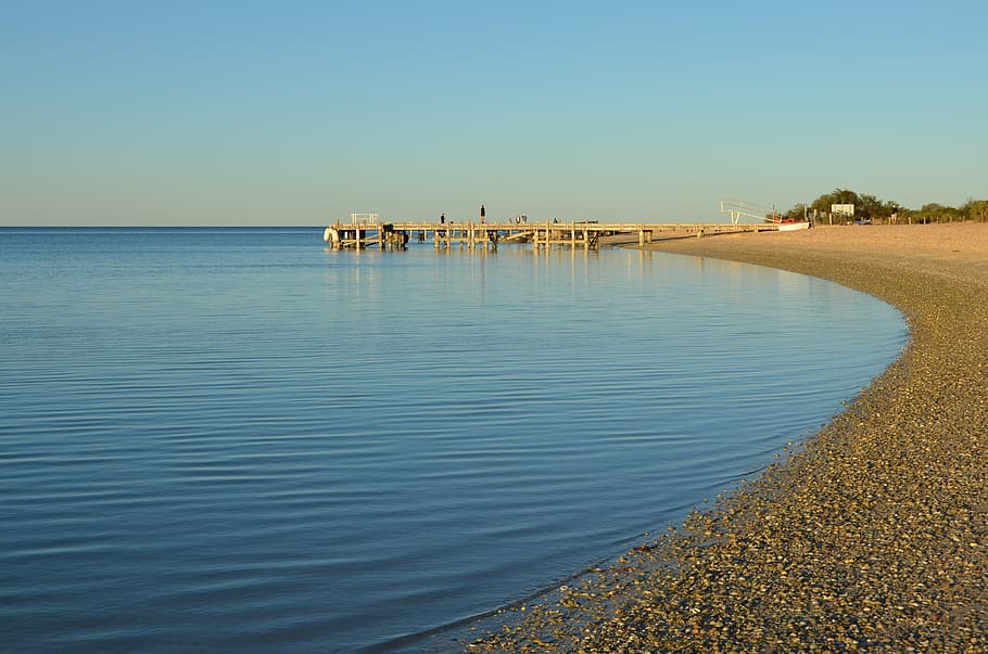 beach, jetty, calm, sunset, sea, landscape, coast, lagoon, sand HD wallpaper