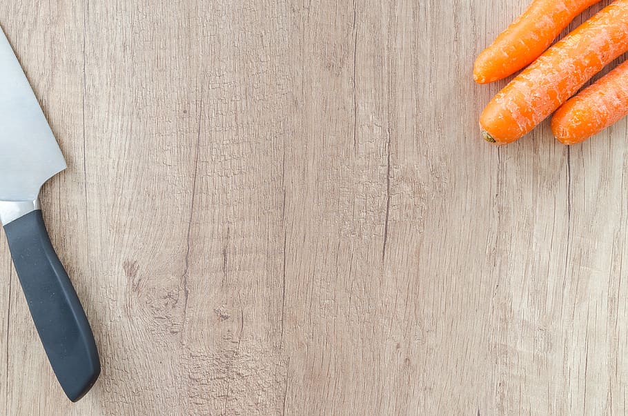 black handled knife near carrots, food, wood, table, wooden, background, HD wallpaper