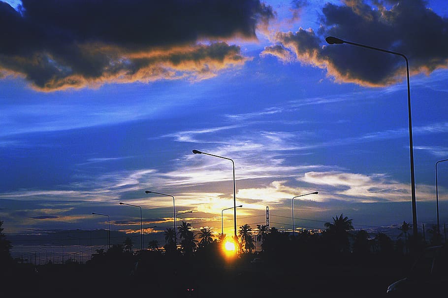 Sunset, Azure, Cloud, Evening, Sun, sky, silhouette, light HD wallpaper
