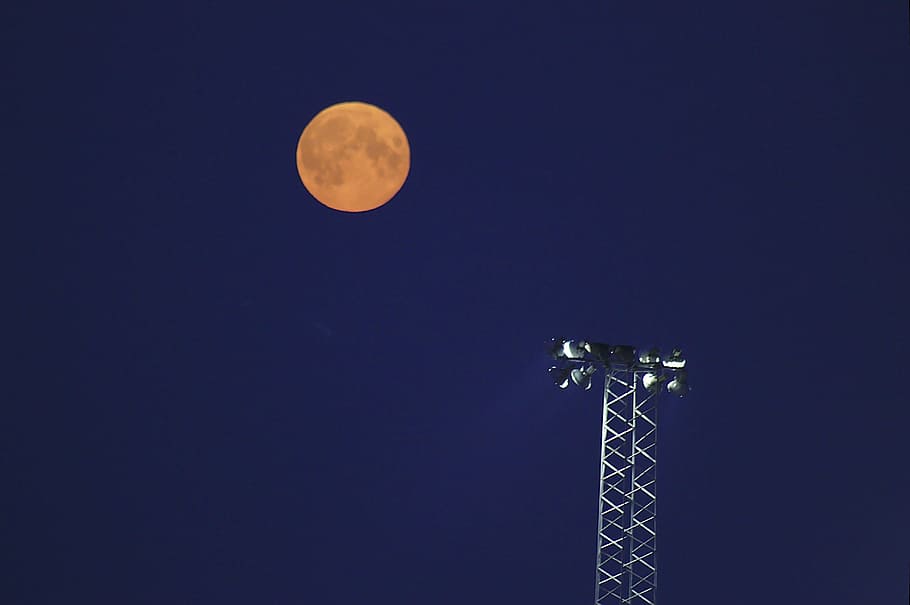 Moon, Orange, Antenna, Sky, yellow, blue, night, evening, no people HD wallpaper