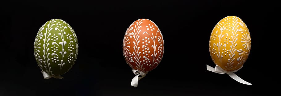 three green, brown, and yellow Washi eggs, easter eggs, painted HD wallpaper