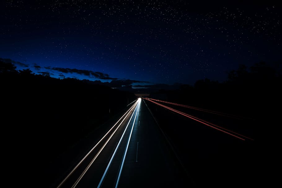 highway, light trail, long exposure, spotlight, lights, tracer HD wallpaper
