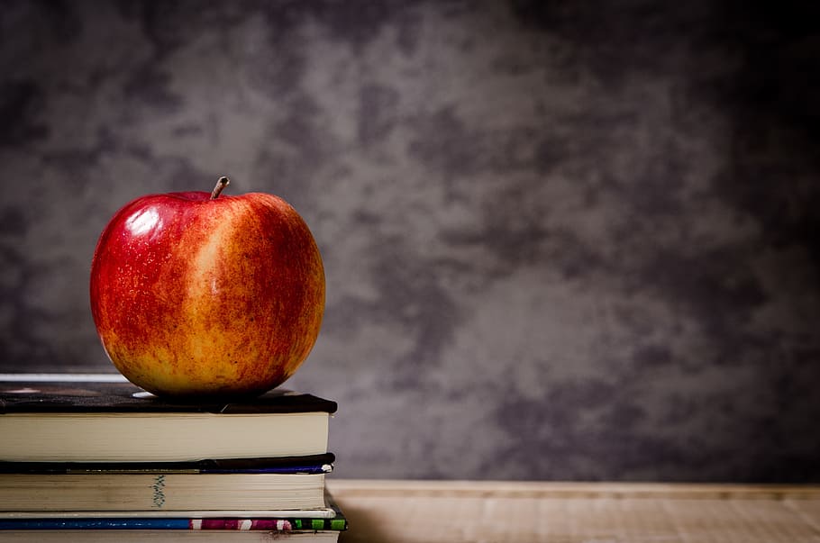 red apple on book, education, school, knowledge, apples, healthy eating HD wallpaper