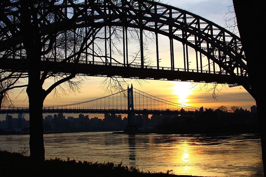river, dusk, twilight, sunset, bridge, city, building, skyline HD wallpaper