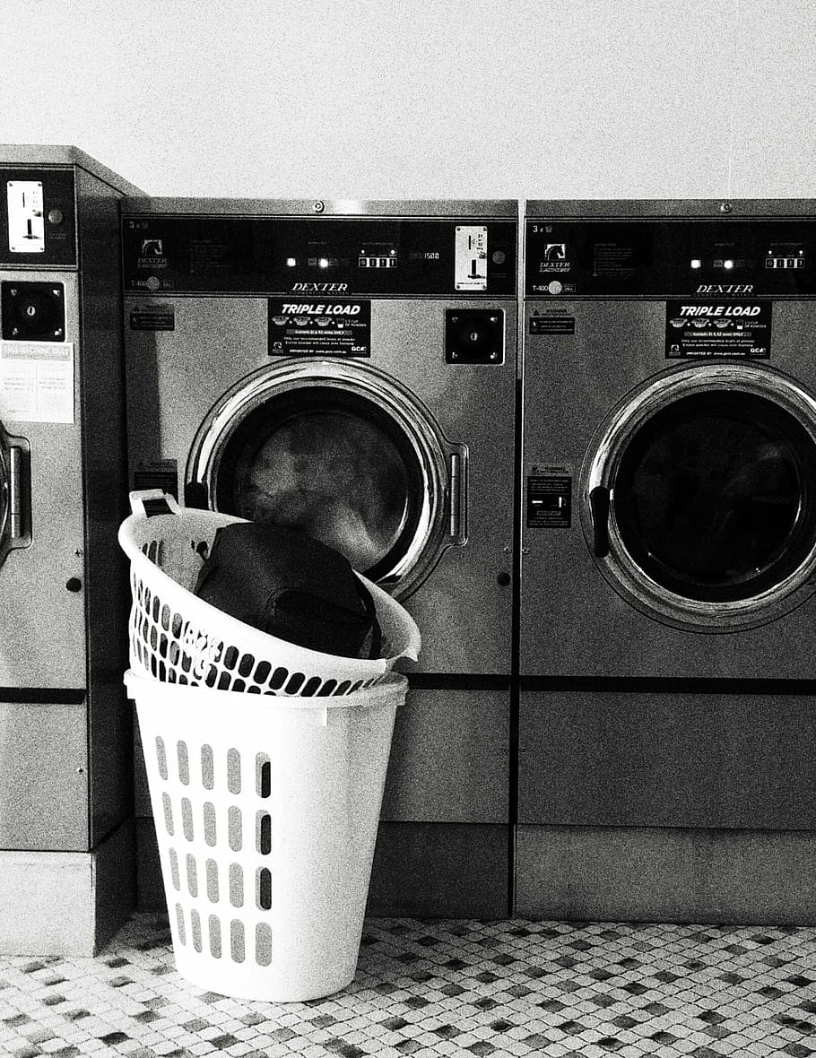 grayscale photography of washing machines, laundromat, laundry