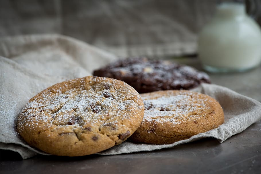 three cookies in brown cloth, lighter cookie, nut cookie, food HD wallpaper