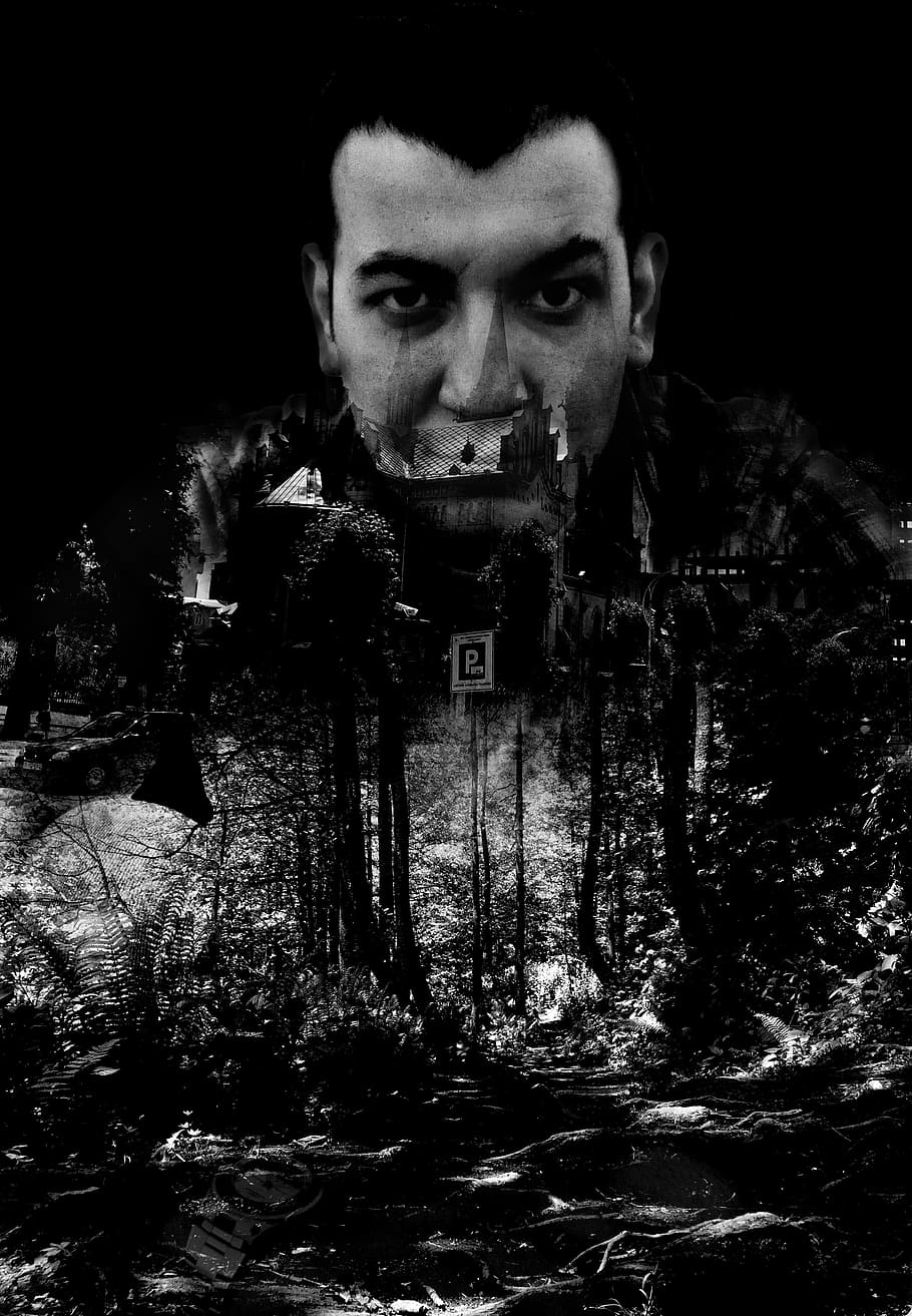 dark, multiple exposure, pessimism, black And White, people HD wallpaper