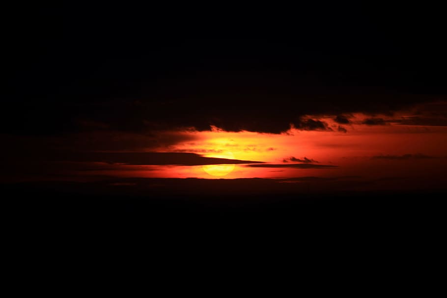 sunset, sky, the sun, clouds, west, nature, flames, twilight HD wallpaper