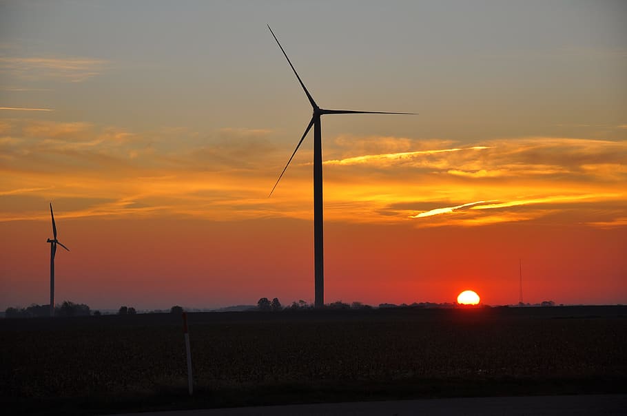 energy, sunset, electricity, windmill, power, turbine, sky HD wallpaper