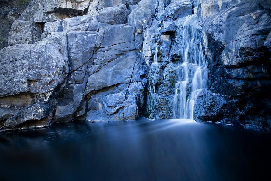 Streams of water, time lapse photo of waterfalls and calm body of water at daytime HD wallpaper